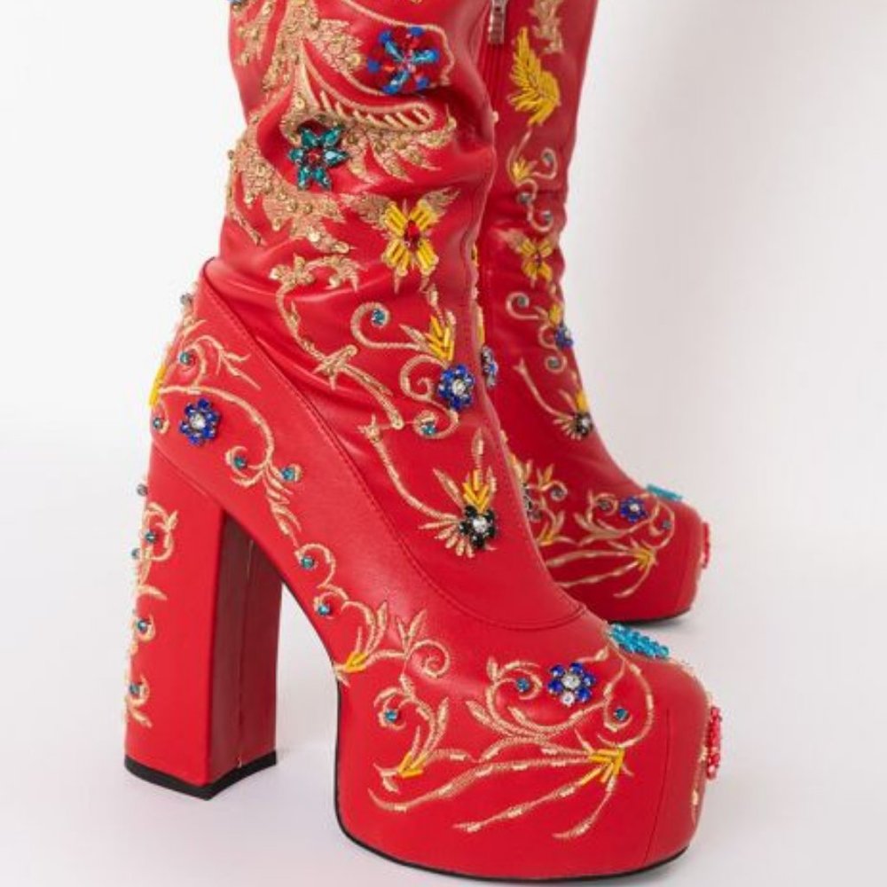AZALEA WANG ALL ABOUT THE FLASHY HAND BEADED CHUNKY BOOT IN RED( BRAND NEW!!!!! - Picture 6 of 9